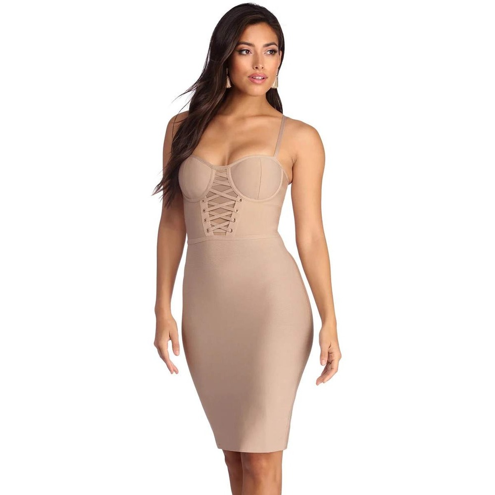 Windsor Mauve Taupe Lace Up Grommet Corset Bandage Bodycon Midi Dress Large